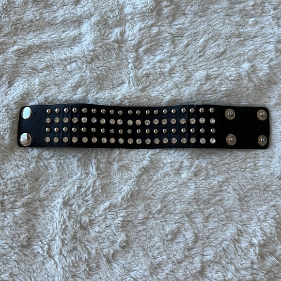 Adjustable Leather Studded Rhinestone Cuff - Picture 3 of 7
